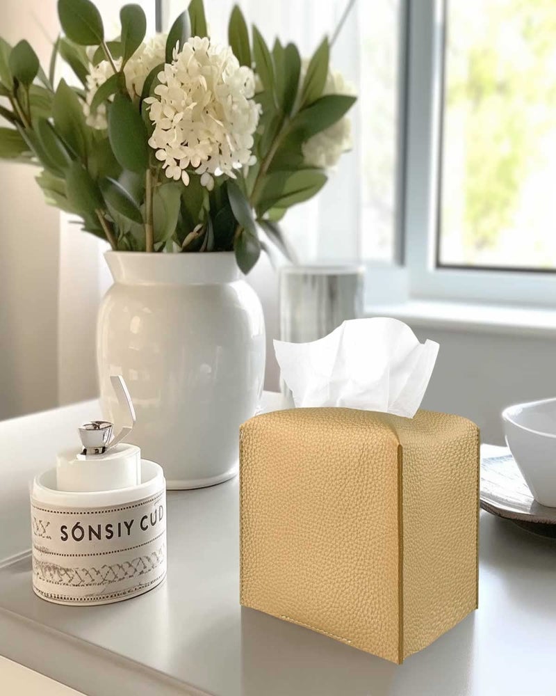 JESMINI Gold Tissue Box Cover Leather - Tissue Holder with Bottom Belt by JESMINI  Decorative Aesthetic PU Leather Tissue Box Holder for Bathroom Home Office Decor - Image 4